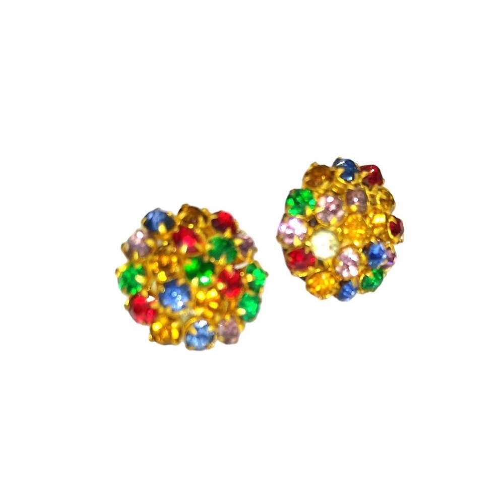 Vintage Crystal Flowers Earrings, Colorful Sparkle Bouquet, Prong Set Jewel Tone